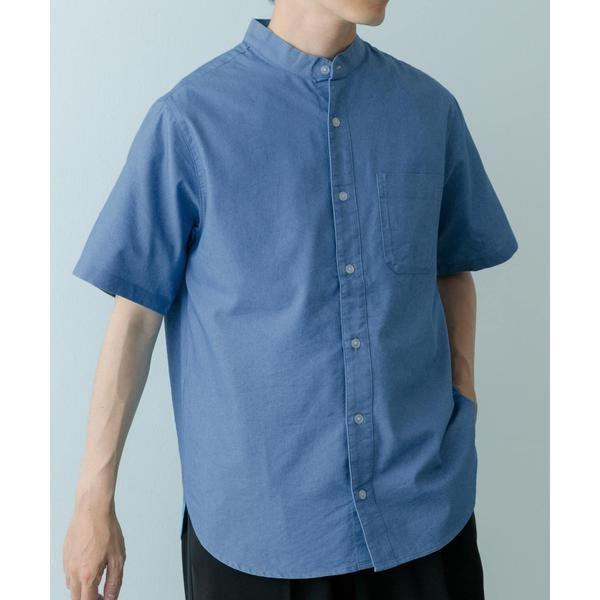 TCインディゴ バンドカラー半袖シャツ