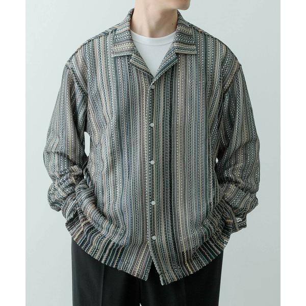 マルチストライプレースオープンカラーシャツ