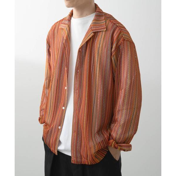 マルチストライプレースオープンカラーシャツ