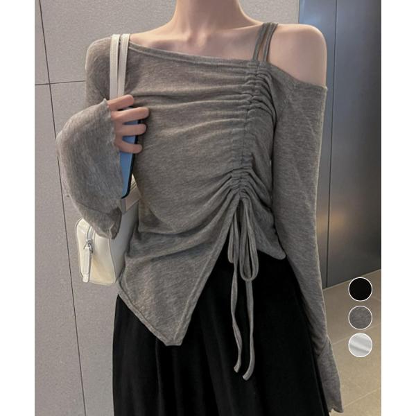 ワンオフショルダーTシャツギャザー 長袖
