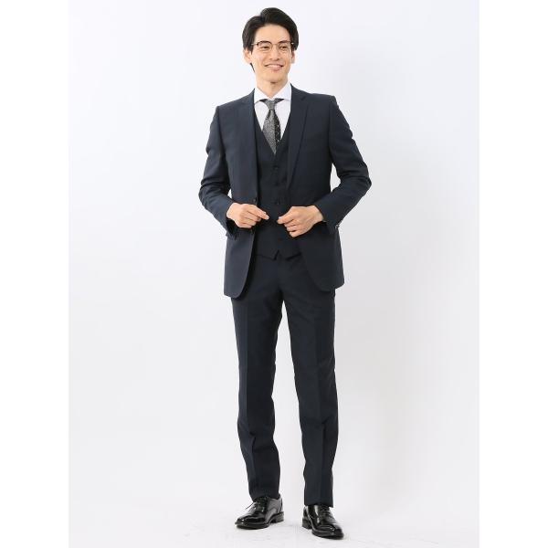 【光沢 ウール混 ストレッチ】レノマオム 2ボタン3ピース セットアップスーツ シャドーストライプ青