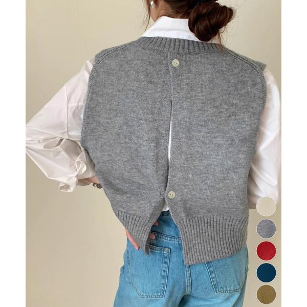 ケーブル編み ニットベスト バックボタン