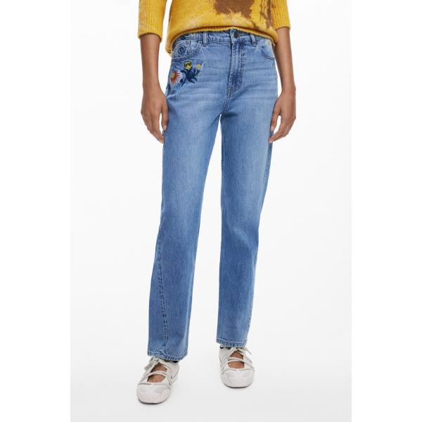 【6サイズ展開/34/44】フラワー刺繍ストレートデニムパンツ