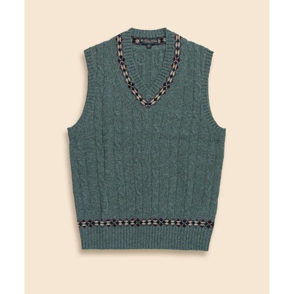 ウール　ケーブル　フェアアイルトリム　Vネックテニスベスト