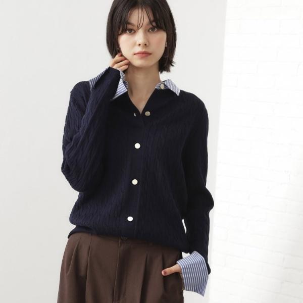 【着るだけでコーデ完成】シャツレイヤード風 ケーブルニット