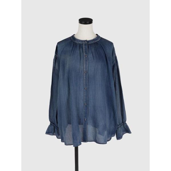 バンドカラーシアーデニムブラウス