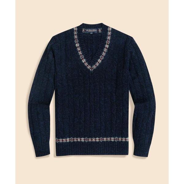 ウール　ケーブル　フェアアイルトリム　Vネックテニスセーター