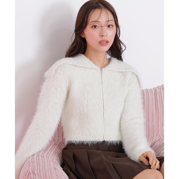 ラメフェザービッグカラーニットブルゾン