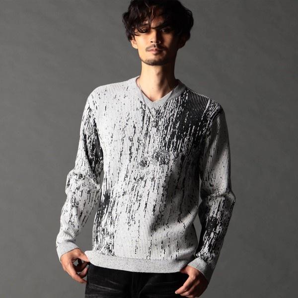 バーク風ジャカード Vネックプルオーバーニット