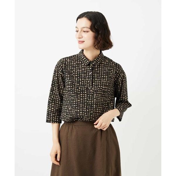 [日本製]ミラクルウェーブブロックプリントブラウス