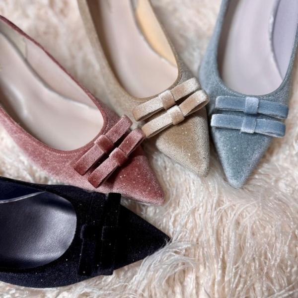 ラメベルベットダブルリボンパンプス