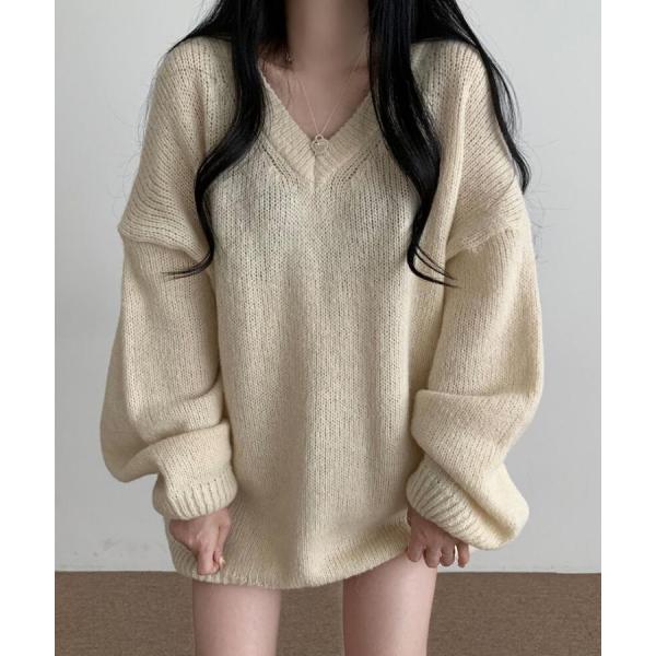 【小柄さんにおすすめ】オーバーサイズVネックニットプルオーバー