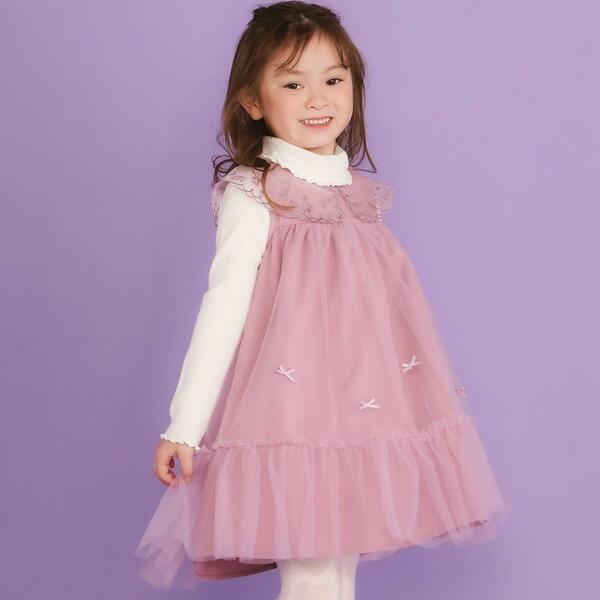 ハート音符刺しゅうオーガンジービッグカラーワンピース(80~130cm)