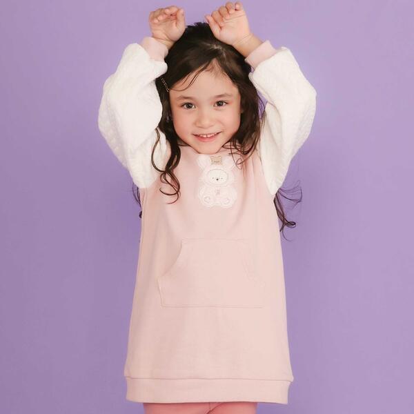 ウサギネコアニマルふわふわパッチ刺しゅう袖切り替えフーディーワンピース(80~130cm)