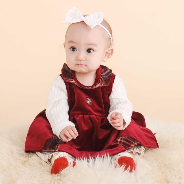 チェック切り替えベロアスカート襟付きロンパース(60~80cm)