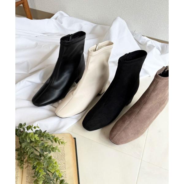 lus.スクエアトゥストレッチショートブーツ 柔らかストレッチ 5cmヒール