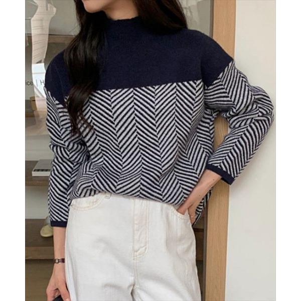 レディース 長袖バイカラー配色ヘリンボーンクラシカルジャガードニットトップス