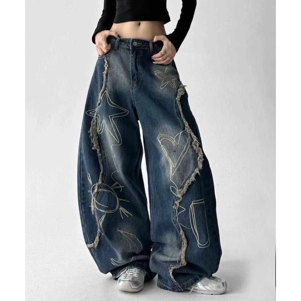 グラフィックステッチ ダメージ加工 デニムパンツ