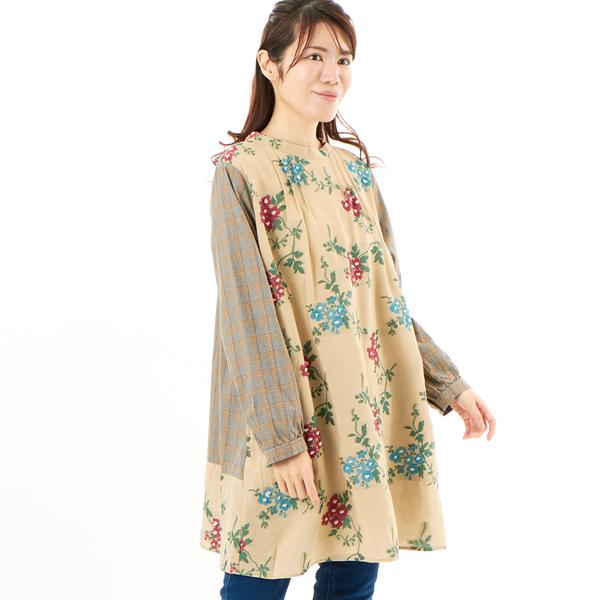 レーヨンナイロンアクリルトレイリングブルームカットジャカード+コットンツイルチュニックブラウス