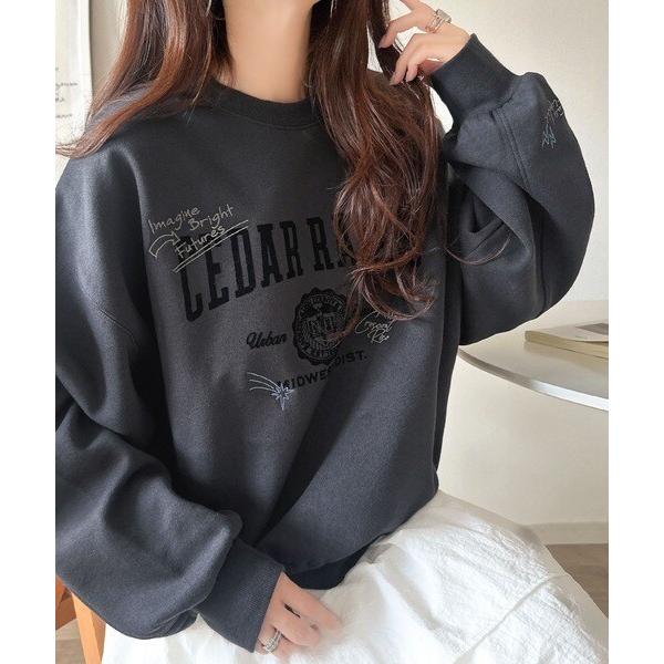 カジュアルの本命スウェット♪エンブレム風らくがき刺繍入りフロッキープリント裏起毛プルオーバー（長袖）