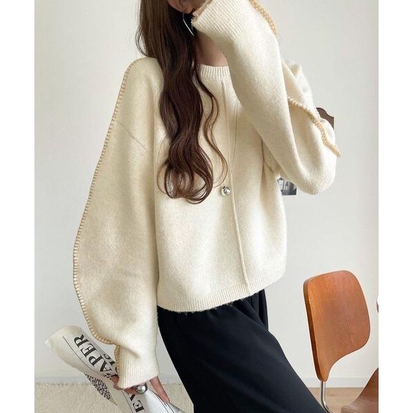 25AW新作《JaVaジャバ コラボ》立体感スリーブ×配色ステッチ。バナナスリーブ配色ステッチニット