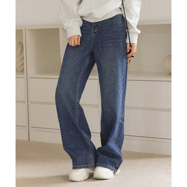 【ウォッシュ加工/穿くだけトレンド】大人っぽ煌めきラインストーンストレートデニムパンツ