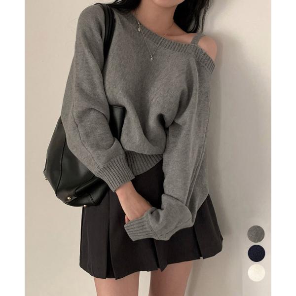 オフショルダーニットトップス肩見せ秋冬服