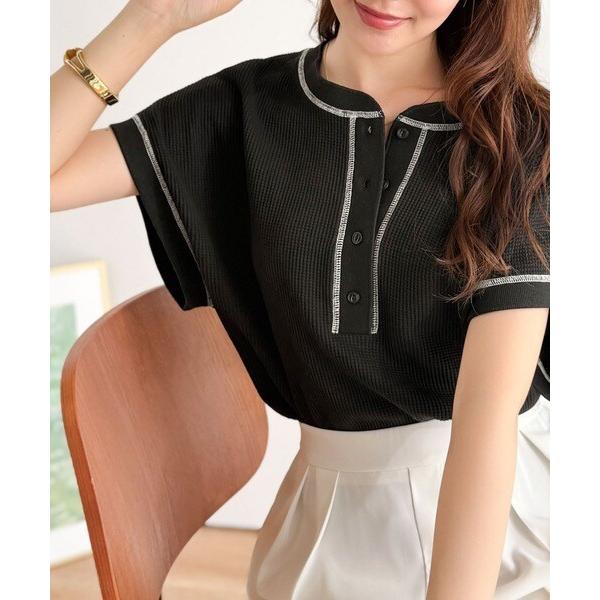 《JaVaジャバコラボ》ヘンリーネック配色ステッチフレンチスリーブワッフルオーバーサイズカットソー