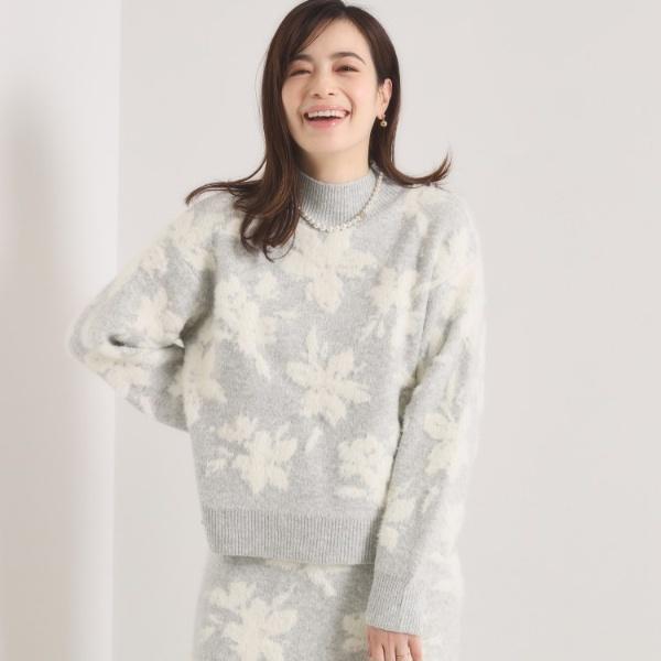 【手洗い可／セットアップ可】花柄フェザージャカードニット