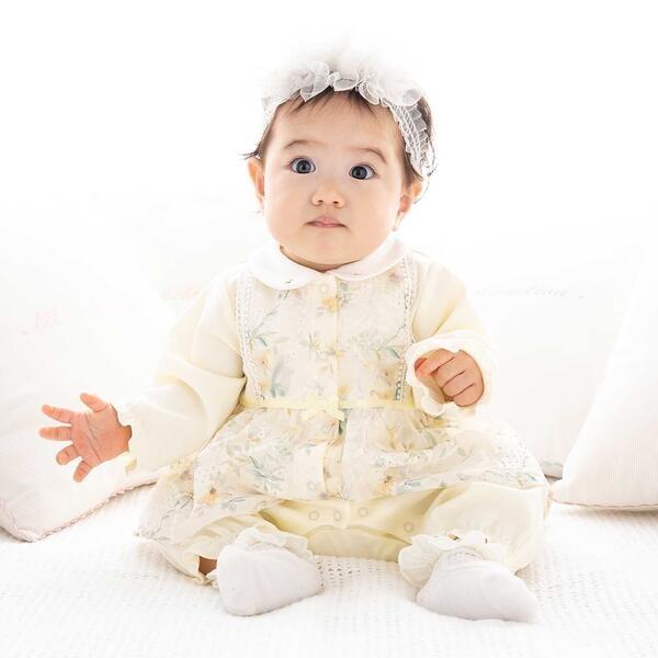 【お揃い】オーガンジー花柄プリントスカート付き長袖カバーオール(70~80cm)