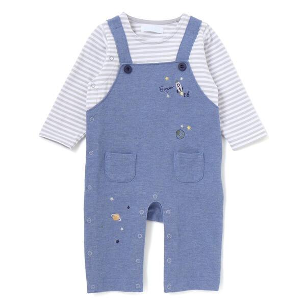 【お揃い】ボーダーTシャツ重ね着風長袖ロンパース(70~80cm)