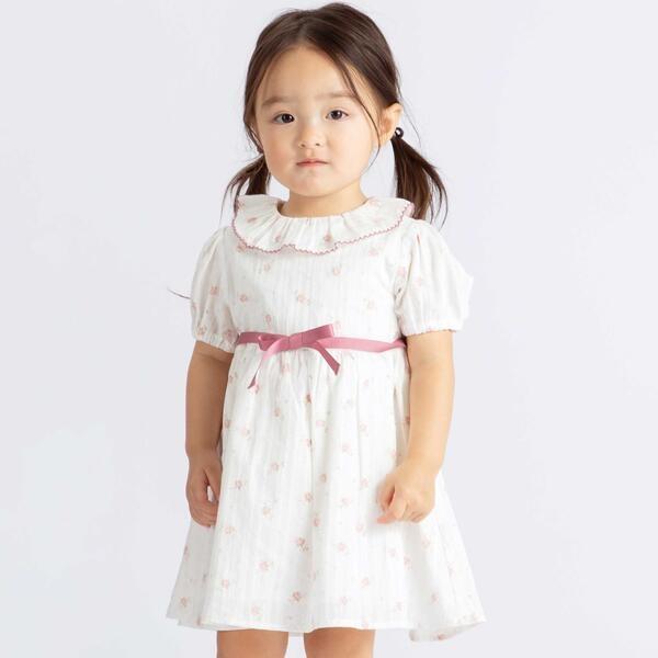 【お揃い】花柄フリルカラーパフスリーブワンピース(80~100cm)