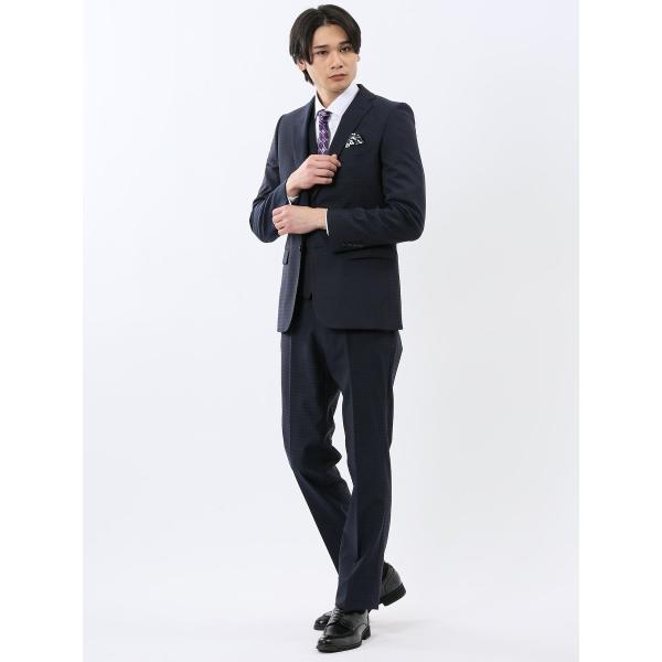 【超光沢 ウール混 ストレッチ】レノマオム 2ボタン3ピース セットアップスーツ シャドー千鳥紺