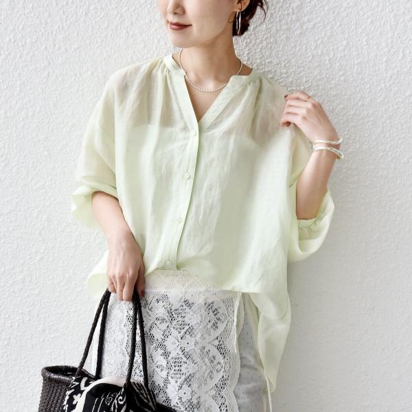 【実力派ベーシック】〈手洗い可能〉IMPERIAL LINEN 混 バンドカラー スキッパー シャツ