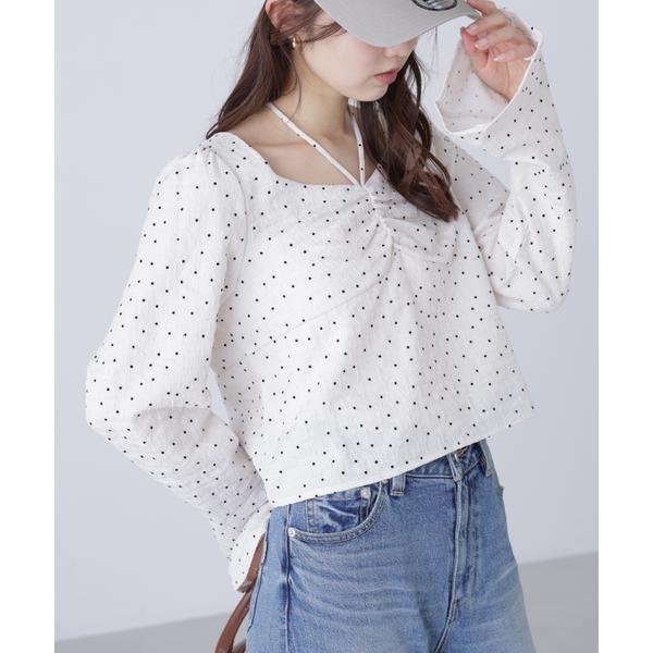 フロントギャザーネックリボン付きブラウス