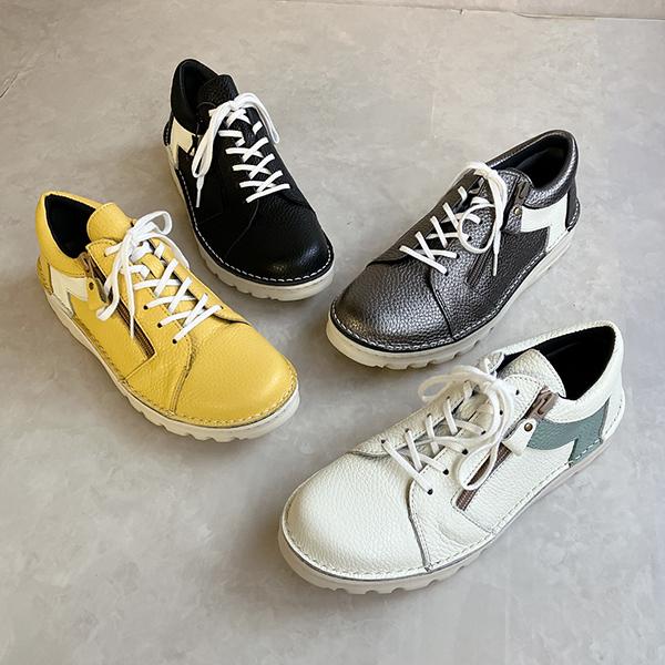 【26春夏新作】本革仕立ての軽量レースアップスニーカー サイドファスナー付き・アウトステッチデザイン