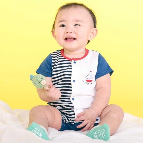 くじらクマ恐竜アニマルおしりモチーフボーダー切り替えロンパースベビー(60~80cm)