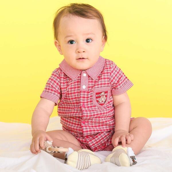 クマアニマル刺しゅう胸ポケット襟付きチェック半袖ロンパースベビー(70~80cm)