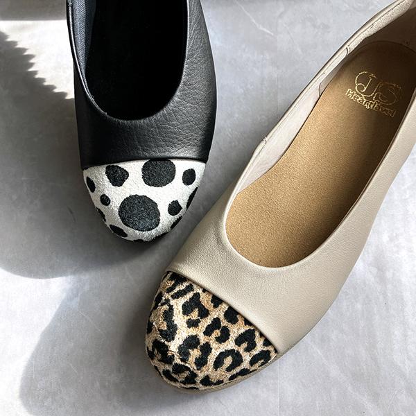 【26春夏新作】本革 異素材トゥ切替 バレエパンプス（ローヒール・日本製）