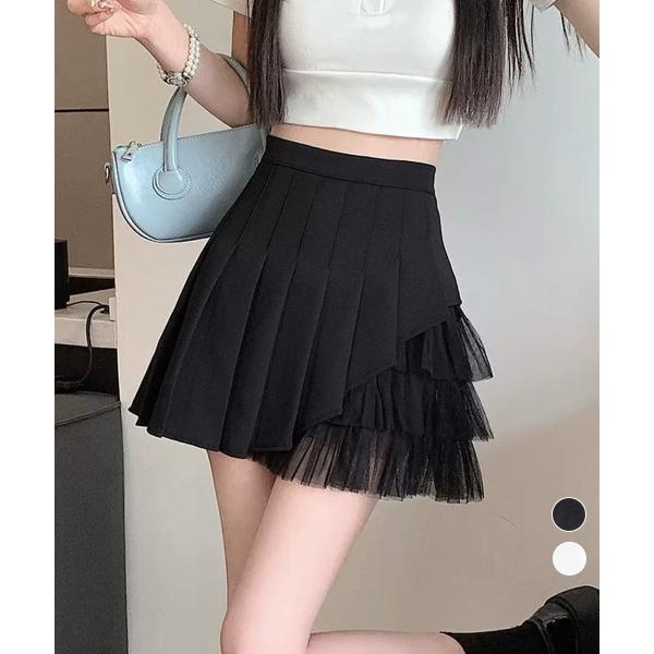プリーツミニスカートチュール切替スカート