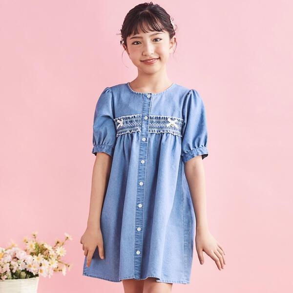 スモッキング刺しゅう7分袖デニムワンピース(80~130cm)