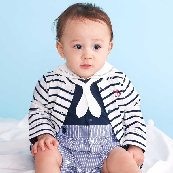 ボーダー＆無地袖プリント折り返しカーディガンベビー(70~80cm)