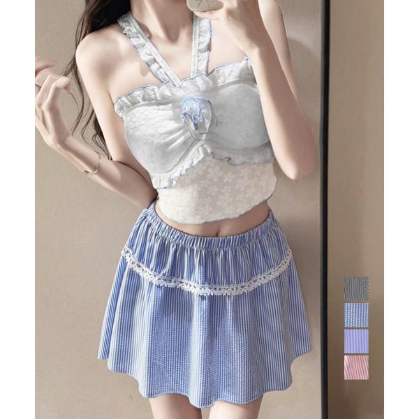 花柄レースフリル水着三点セット体型カバー