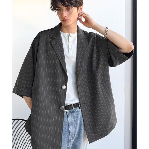 《JaVaジャバコラボ》主役級！アンティーク釦使いストライプ柄ヘリンボン生地シャツジャケット