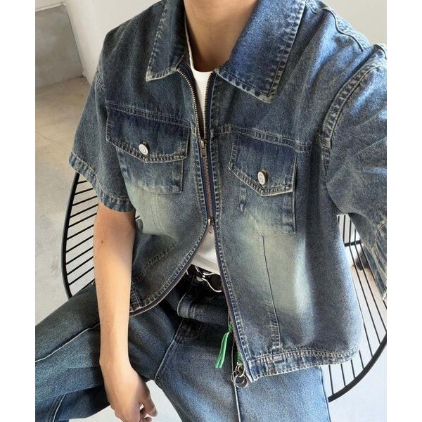 《JaVaジャバコラボ》ダブルジップ×着丈短め。ヴィンテージ加工ショート丈ダブルジップデニムシャツ