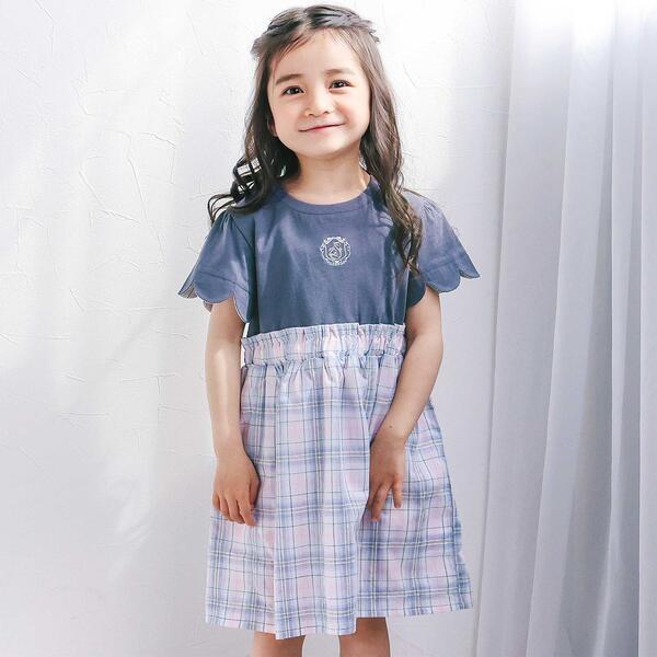 【お揃い】マドラスチェック刺しゅう入りワンピース(80~130cm)