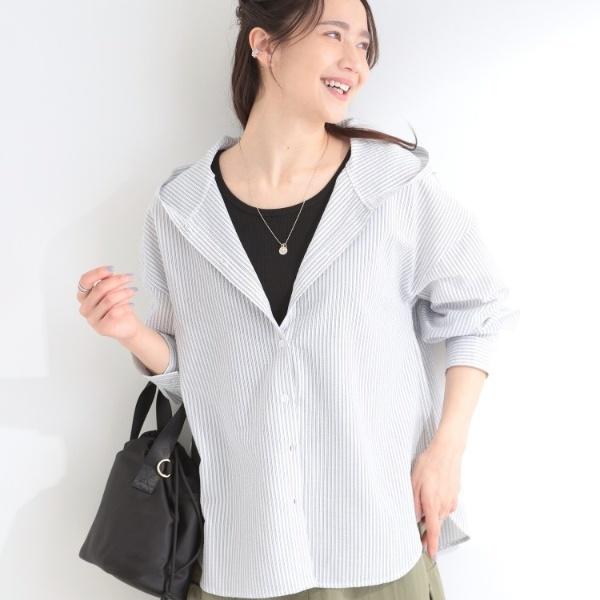 【洗濯機可S-LL】体型カバーも叶う フード付きストライプシャツ