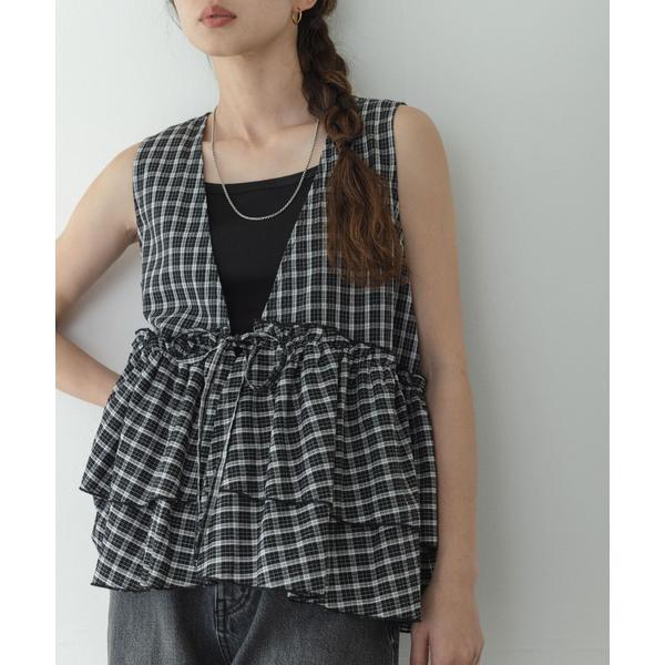 サッカーチェックペプラムベストブラウス