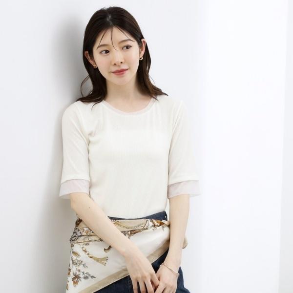 【ひんやり・UVカット】チュールトリミング5分袖Tシャツ