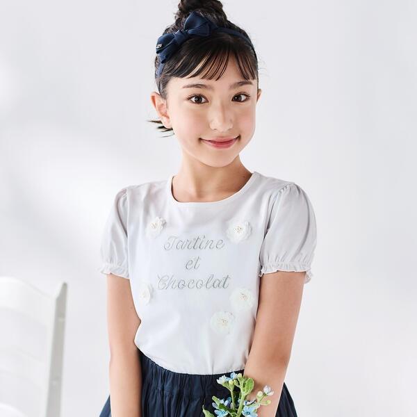 ベア天竺 フラワーモチーフ ロゴ刺しゅうTシャツ(100~140cm)